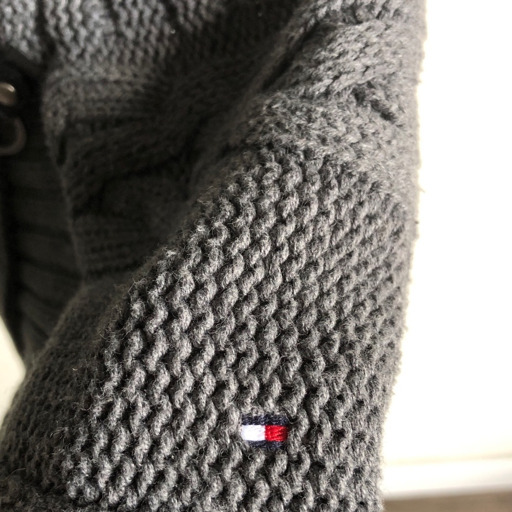 Tommy Hilfiger Shawl Collar Short Sleeve Sweater Grey Cotton Buckle Snap Front - Picture 5 of 15